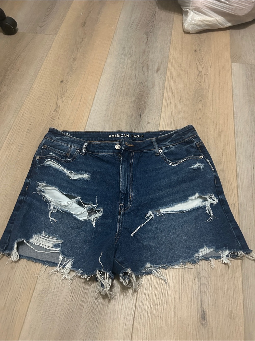 American Eagle Outfitters Dark Blue Distressed High-Rise Jean Shorts